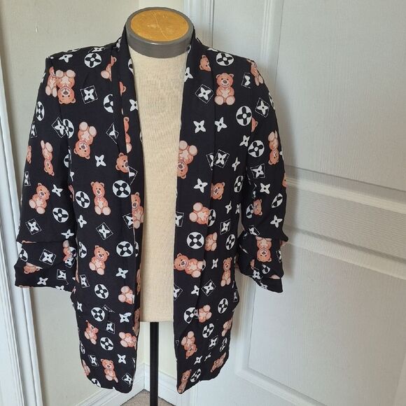 Stylish Black Teddy Bear Print Women's Jacket With Ruffled Sleeves - Picture 1 of 16